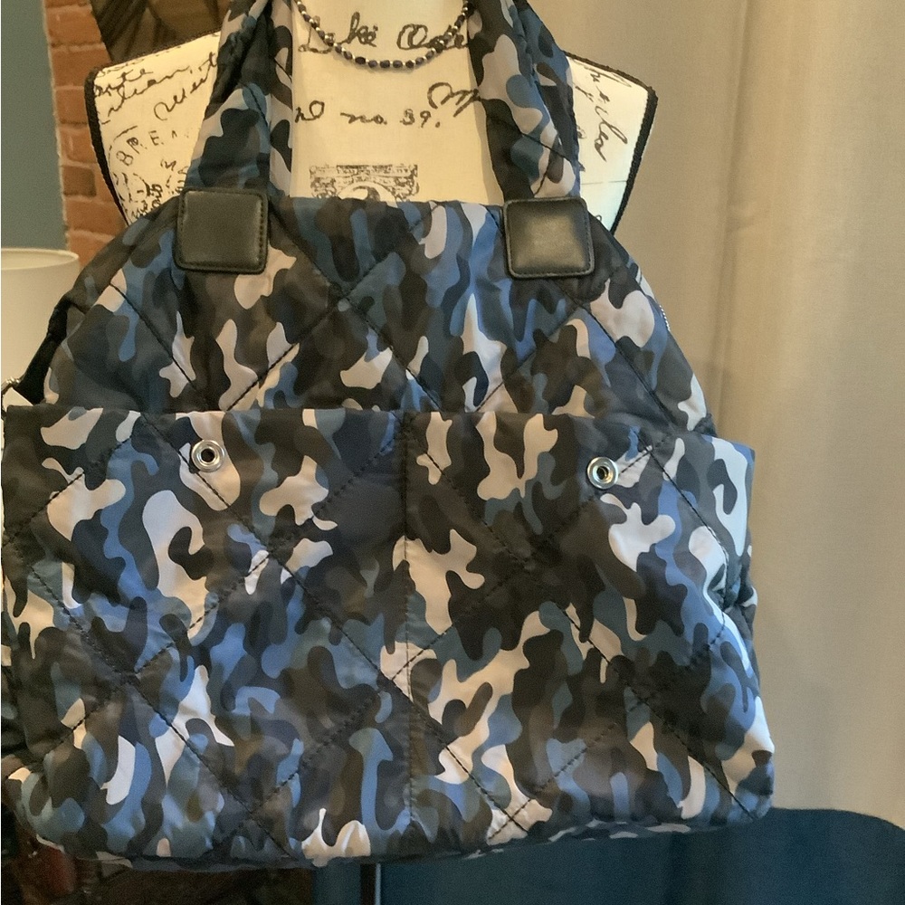 Sondra Roberts Blue Black Gray Camouflage Quilted Tote